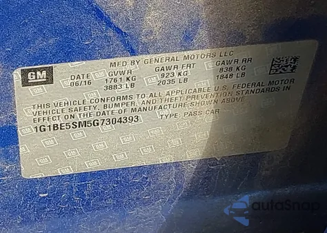 2016 Chevrolet Cruze Lt z USA, uszkodzony, nr VIN 1G1BE5SM5G7304393